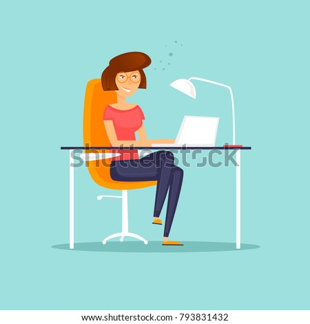 Business characters. Girl is working at the computer. Co working people, meeting. Workplace. Office life. Flat design vector illustration.
