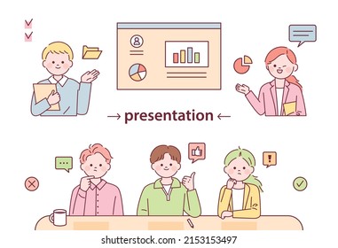 Business characters giving presentations while looking at graphic charts. Reactions of business partners. flat design style vector illustration.	