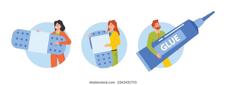 Business Characters with Glue And Patches Isolated Round Icons or Avatars. Fixing, Problem Solution, Teamwork Cooperation Concept with Tiny Men and Women. Cartoon People Vector Illustration