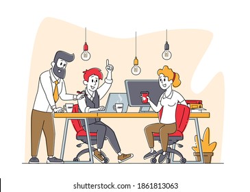 Business Characters Group Work Together Developing Creative Ideas. Businesspeople Teamwork, Office Employees Cooperation, Collective Work, Partnership or Brainstorm. Linear People Vector Illustration