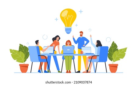 Business Characters Group Work Together Developing Creative Ideas. Businesspeople Teamwork, Office Employees Cooperation, Collective Work, Partnership or Brainstorm. Cartoon People Vector Illustration