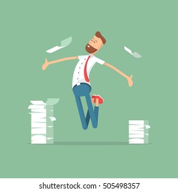 Business characters. Happy businessman and a mountain of documents. Vecctor illustration. Businessman. Businessman. Businessman. Businessman.  Businessman. Businessman. Businessman. Businessman.  