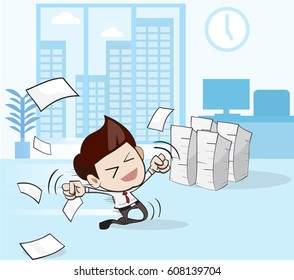 Business characters. Happy businessman and a mountain of documents. Vector illustration.