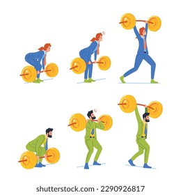 Business Characters Hardly lifting Heavy Barbells With Golden Coins, Signifying Their Wish For Financial Strength
