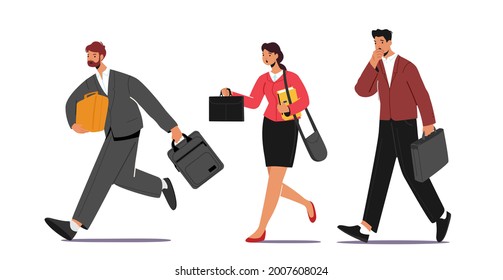 Business Characters Hurry at Work due to Oversleep or Traffic Jam. Businessmen and Businesswomen with Bags Run, Late in Office, Stress Work Situation Concept. Cartoon People Vector Illustration