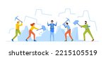 Business Characters Ice Breaking Activity. Group Of People with Sledgehammer Break Large Ice Lump with Woman inside. Knowing Each Member And Warm Up Concept. Cartoon People Vector Illustration