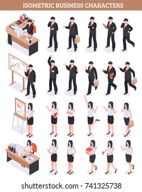 Business characters isometric set of male and female persons  involved in workflow isolated on white background vector illustration 