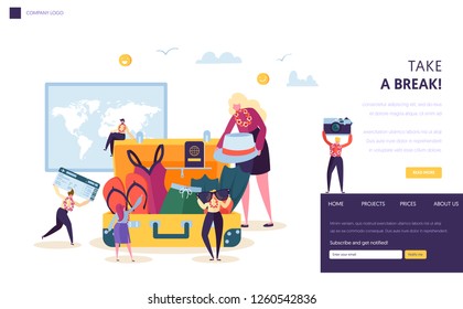 Business Characters Leaving for Corporate Vacation Landing Page. Office Workers Moving to Sea Holiday Holding Camera and Plane Ticket Concept for Website or Web Page. Flat Vector Illustration