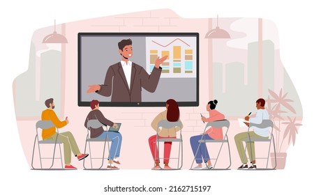 Business Characters Listen Speaker at Virtual Conference. Tutor Perform Data on Monitor in Office. Remote Online Meeting, Workers Watching Video Translation. Cartoon People Vector Illustration