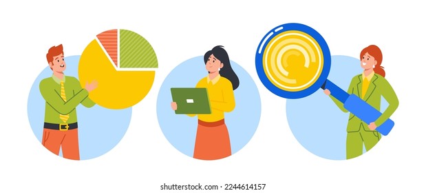Geschäftszeichen mit Magnifier, Tablet PC und Circular Diagram isolierte runde Symbole oder Avatare. Benchmarking, Unternehmensentwicklung und Verbesserungskonzept. Vektorgrafik von Cartoon People