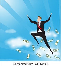 Business characters. Business man jump and run with money, Successful businessman concept.