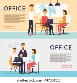 Business characters, meeting, teamwork, collaboration and discussion, conference table, brainstorm. Workplace. Office life. Banners. Flat design vector illustration.