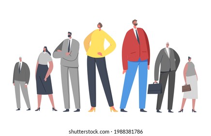 Business Characters Men and Women Wearing Formal Suits and Holding Briefcases Stand in Row. Job Hiring Concept with Good Looking Corporate Employees, Office Workers. Cartoon People Vector Illustration