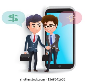Business characters mobile agreement vector concept. Two businessman character handshake for online deal agreement in phone background. Vector illustration.  
