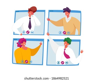 Business Characters, Office Employees Speak on Video Call with Remote Colleagues on Online Briefing, Workers Webcam Group Conference with Coworkers on Pc Screens. Cartoon People Vector Illustration