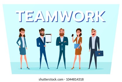 Business characters. Business people team with gadgets work to success. Cartoon Vector Illustration.