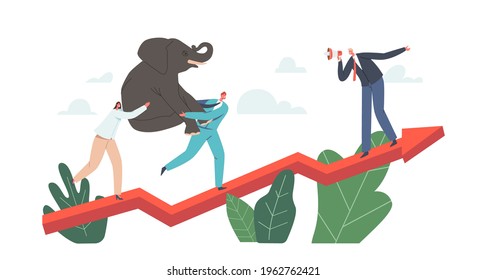 Business Characters Power Team Holding Elephant on Hands Climbing Growing Arrow Graph, Corporate Challenge, Finance Success, Career Growth, Cooperation Partnership. Cartoon People Vector Illustration