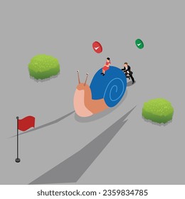 Business Characters Pushing Snail Trying to Reach Target 3d vector illustration concept for banner, website, illustration, landing page, flyer, etc