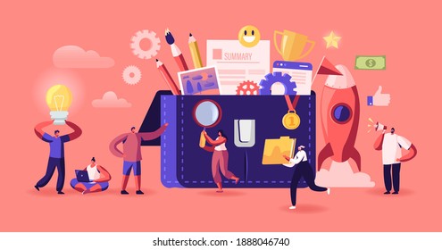 Business Characters Put Different Stationery and Documents to Portfolio. Office Work and Partnership Cooperation Concept. Businesspeople around of Huge Briefcase. Cartoon People Vector Illustration