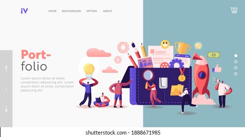 Business Characters Put Stationery and Documents to Portfolio Landing Page Template. Office Work and Cooperation Concept. Businesspeople around of Huge Briefcase. Cartoon People Vector Illustration