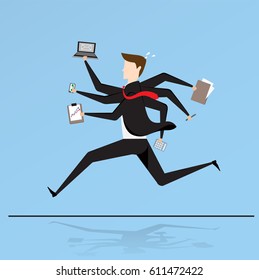 Business characters. Running businessman working with six hands, very busy business concept.