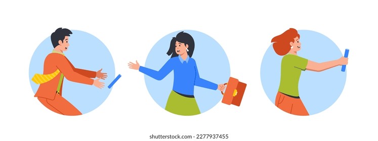Business Characters Running Relay Race, Passing On The Baton Isolated Round Icons or Avatars. Competition, Teamwork