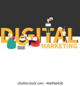 Business characters scene and flat design of big letters "Digital marketing". Vector illustration