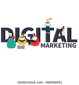 Business characters scene and flat design of big letters "Digital marketing". Vector illustration