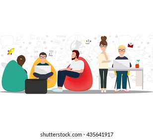 Business characters scene. Teamwork. Business co working process. Vector illustration