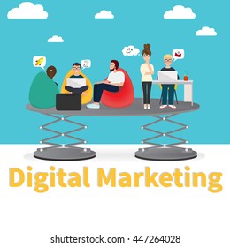 Business characters scene. Teamwork in modern business office. Business co working process. Vector illustration