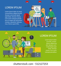 Business characters scene. Teamwork in modern business office. Cartoon poster vector illustration. Banners set for your web design in business style. Template for your text.