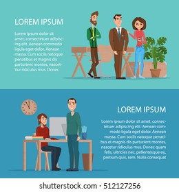 Business characters scene. Teamwork in modern business office. Cartoon poster vector illustration. Banners set for your web design in business style. Template for your text.