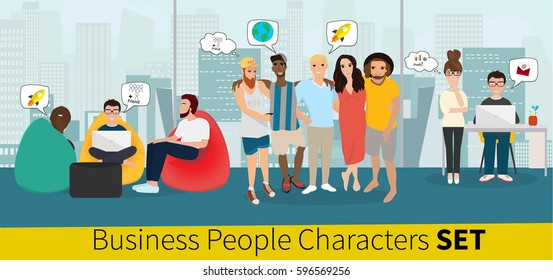 Business characters scene. Teamwork in modern business office. Business co working process. Vector illustration