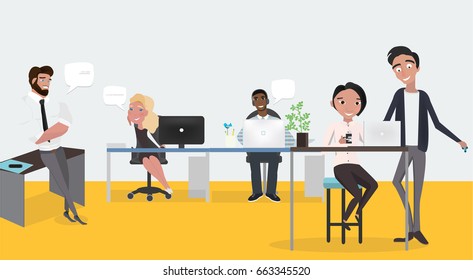 Business characters scene. Teamwork in modern business office. Business co working process. Vector illustration