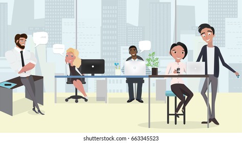 Business characters scene. Teamwork in modern business office. Business co working process. Vector illustration