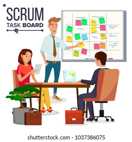 Business Characters Scrum Team Work Vector. Scrum Master. Strategy Planning Meeting. Sticky Note Cards. Isolated Flat Cartoon Illustration