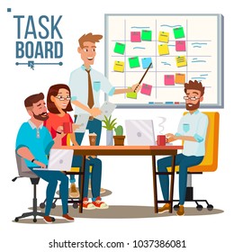 Business Characters Scrum Team Work Vector. Teamwork Scheme Planning On Whiteboard. Team Room Full Of Tasks On Sticky Note Cards. Isolated Flat Cartoon Illustration