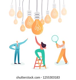 Personajes De Negocios Buscando Idea Creativa. Concepto de Innovaciones de Trabajo en Equipo. Proceso de lluvia de ideas con gente de negocios y bombilla. Ilustración del vector