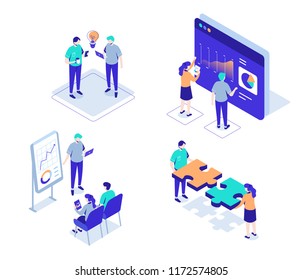 Caracteres profesionales establecidos. Se puede usar para banner web, infografías, imágenes de héroes. Ilustración vectorial isométrica plana aislada en fondo blanco.