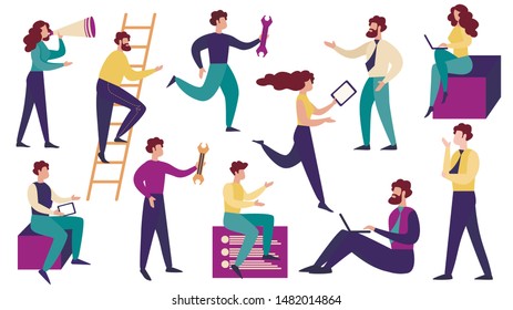 Business Characters Set Isolated on White Background. Men and Women Office Employees Working on Laptop, Technical Support, App Development, Megaphone Announce, Report. Cartoon Flat Vector Illustration