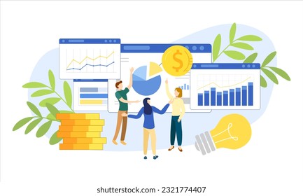 Business Characters Stand Around Huge Growing Analytics Arrow Graph. Analysing Big Financial Data and Growth Chart. Business Strategy Office Team Work Together. Cartoon People Vector Illustration