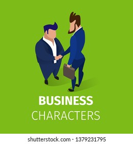 Business Characters Stand Face to Face Shaking Hands on Green Background, Agreement Communicating. Business Leaders Meet for Successful Deal Isometric 3D Cartoon Vector Illustration, Square Banner