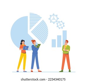 Caracteres de negocio con tabletas que analizan las columnas y los gráficos circulares comparando los indicadores de desarrollo de la empresa. Análisis de mercado de inversión y comercio. Ilustración de vectores de personas de caricatura