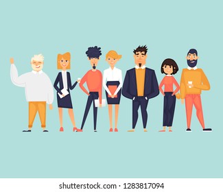 Business characters, team, about us. Flat design vector illustration