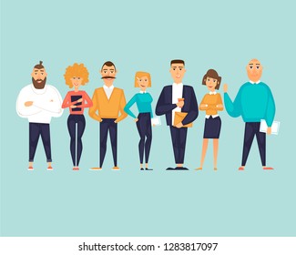 Business characters, team, about us. Flat design vector illustration