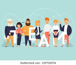 Business characters, team, about us. Flat design vector illustration