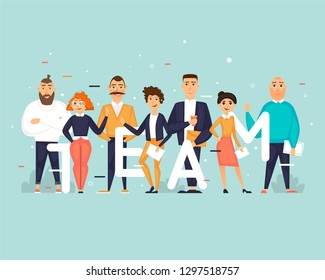 Business characters, team, about us. Flat design vector illustration