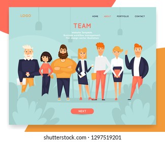 Business characters, team, about us. Site template. Web page design. Website and mobile development. Flat design vector illustration