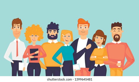 Business characters, team, about us. Flat design vector illustration