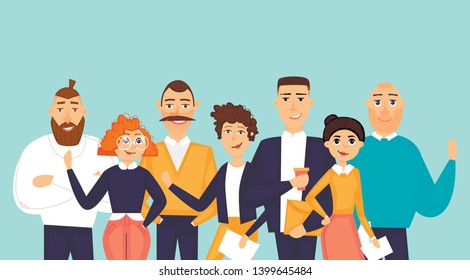 Business characters, team, about us. Flat design vector illustration